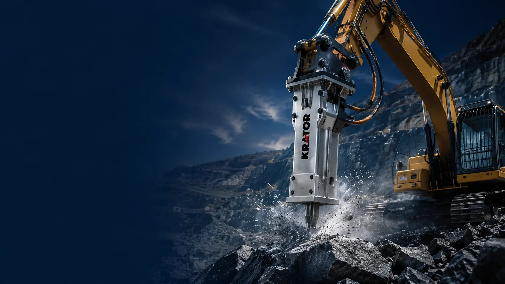 Excavator-mounted hydraulic breaker working in a quarry