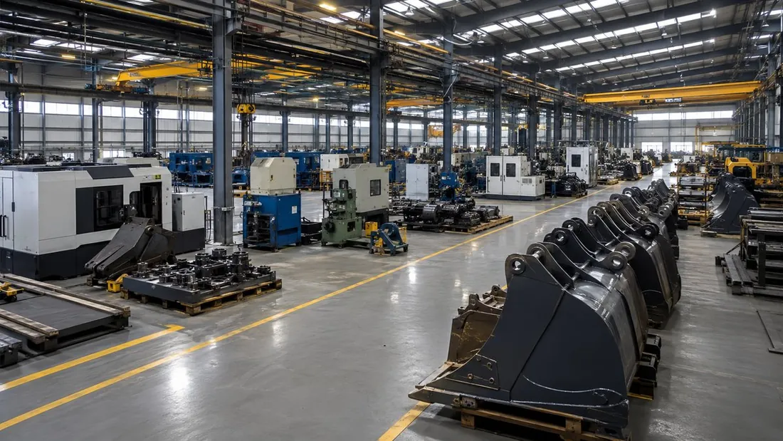 Attachment manufacturing workshop with machining equipment and excavator buckets