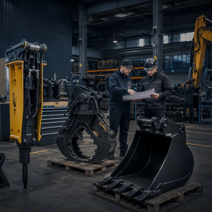 KRATOR team reviewing excavator attachment requirements in the workshop