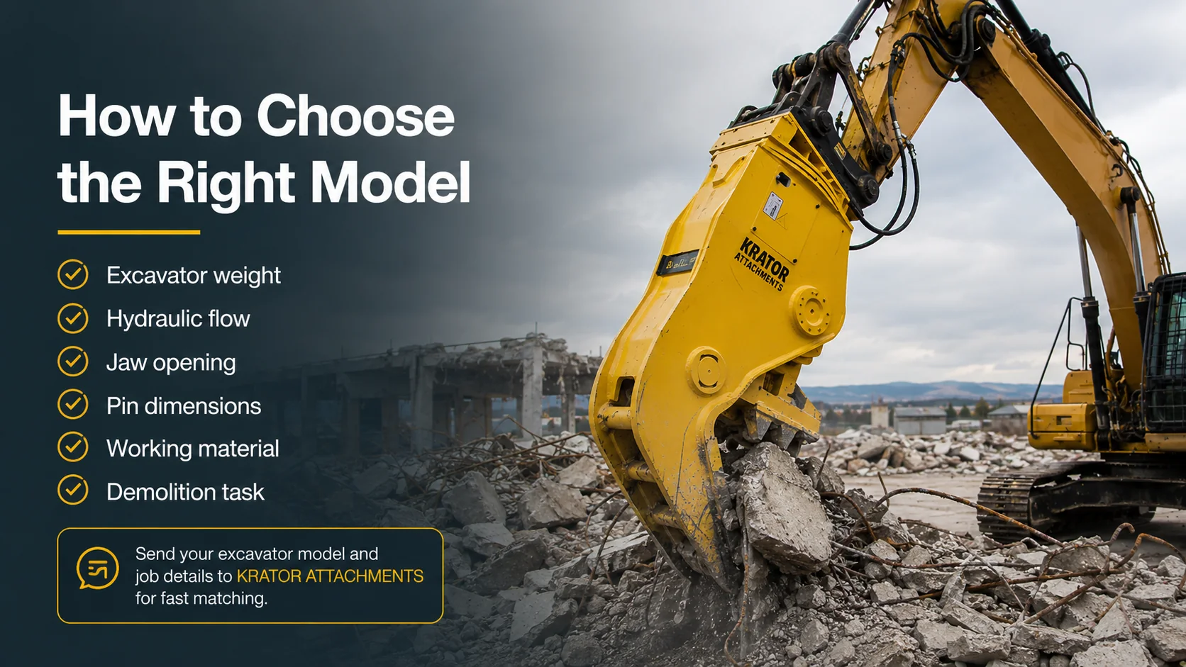 Concrete pulverizer model matching by excavator size jaw opening and oil flow