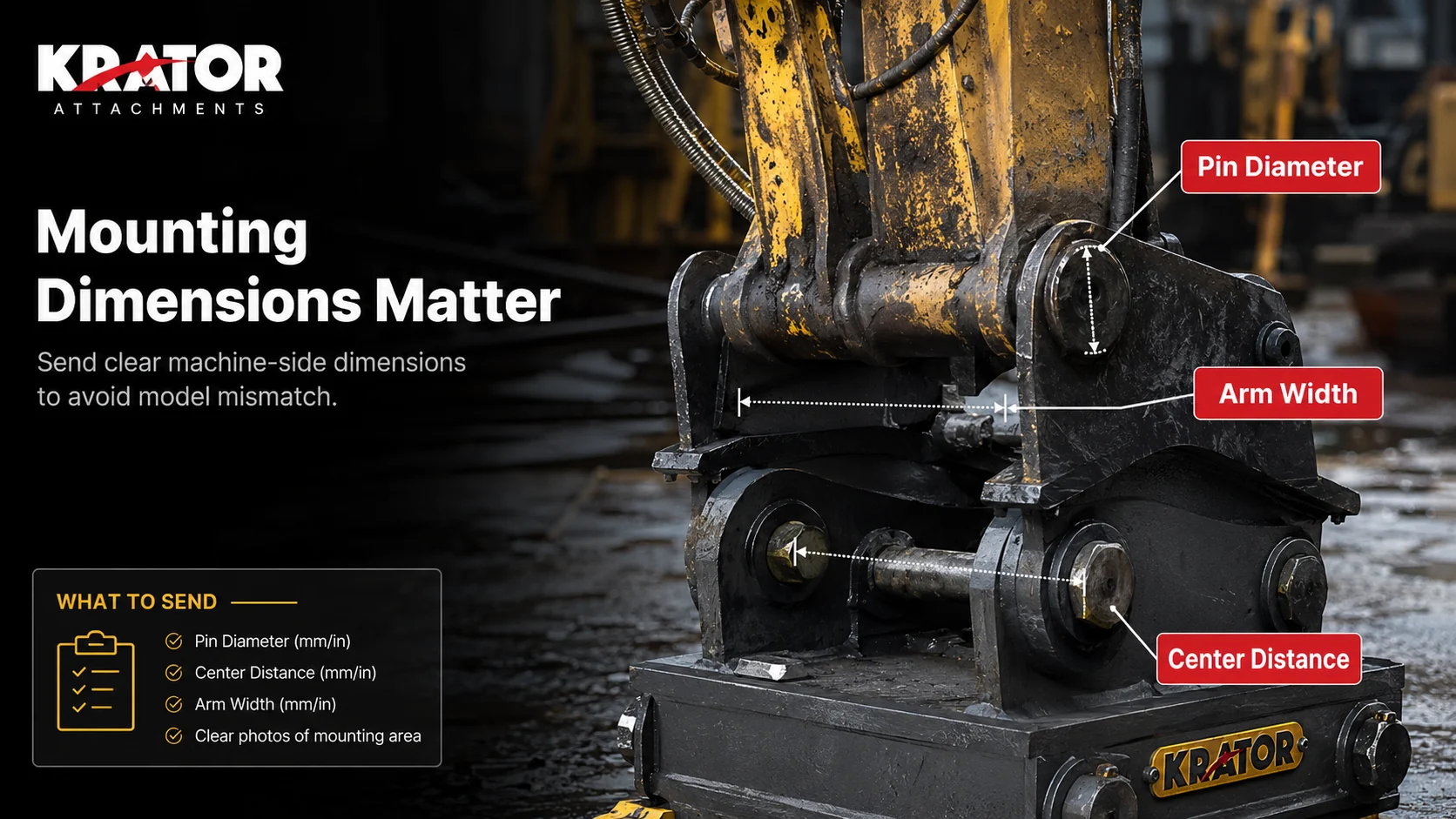 Excavator pin diameter arm width and center distance measurement for attachment matching
