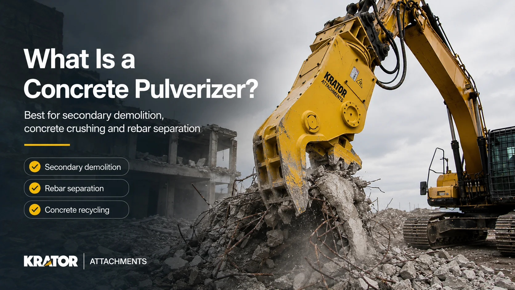 Fixed concrete pulverizer for secondary demolition and concrete crushing