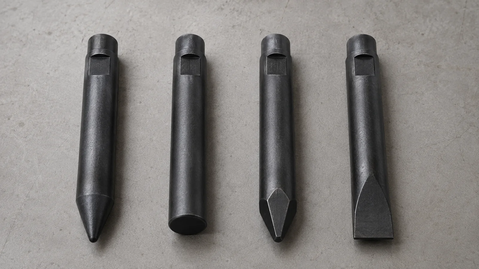 Moil point, blunt and flat chisel hydraulic breaker tools shown side by side