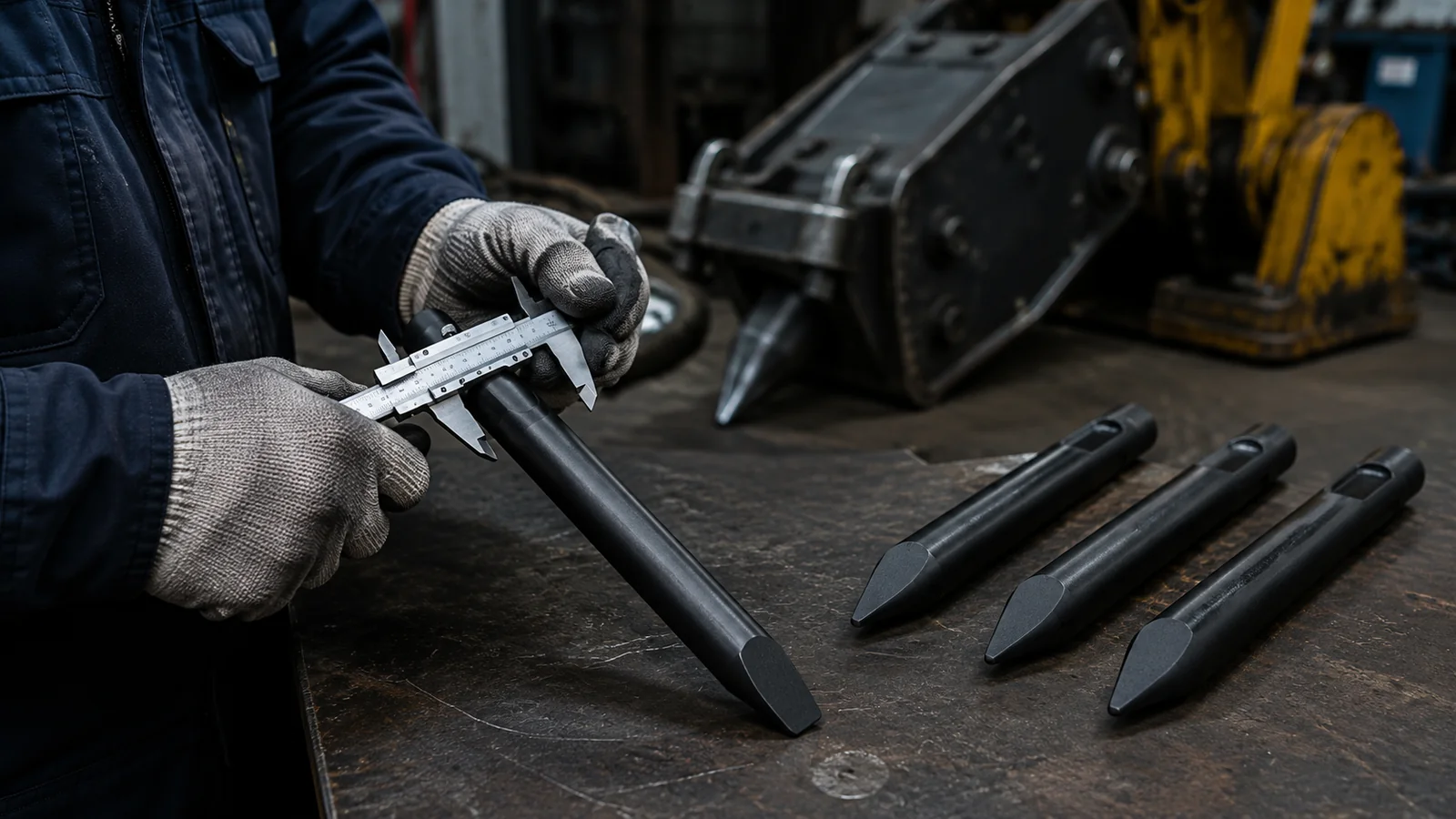 Technician inspecting hydraulic breaker chisel wear and working-tool condition