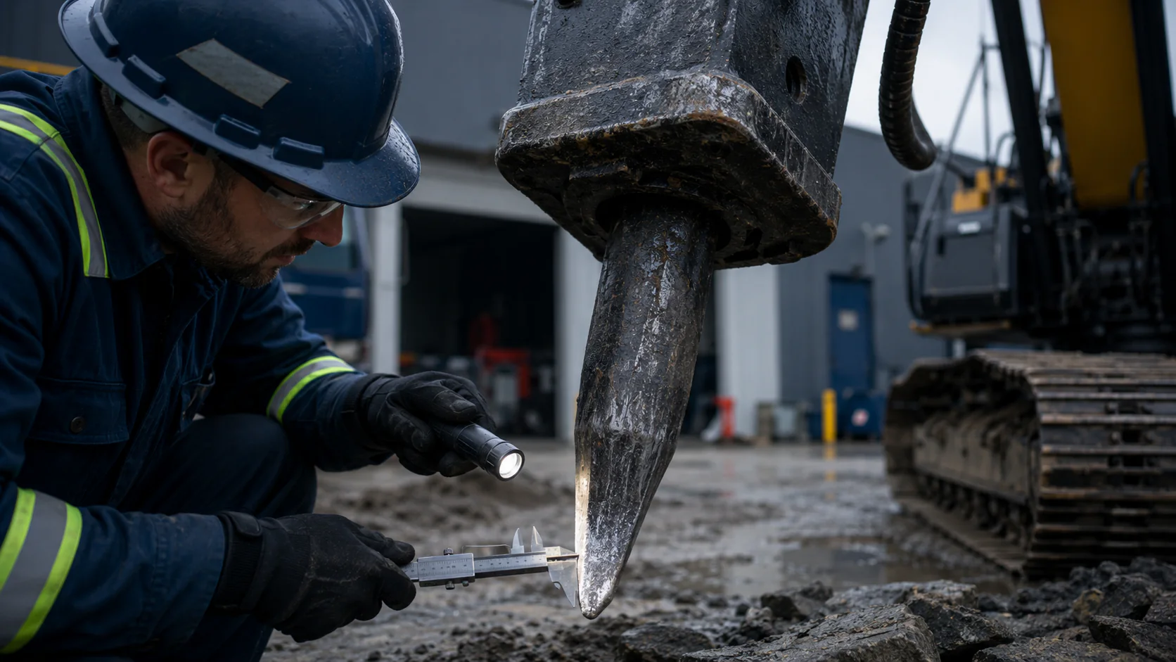 Technician measuring hydraulic breaker chisel wear during an external inspection