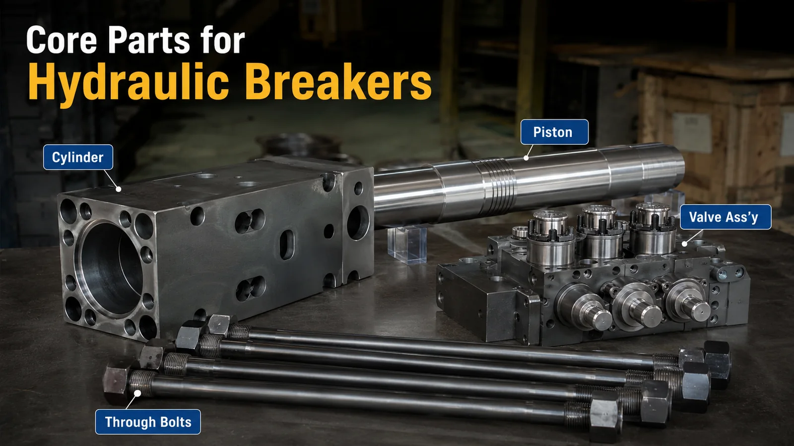 Hydraulic breaker cylinder, piston, valve assembly and through bolts