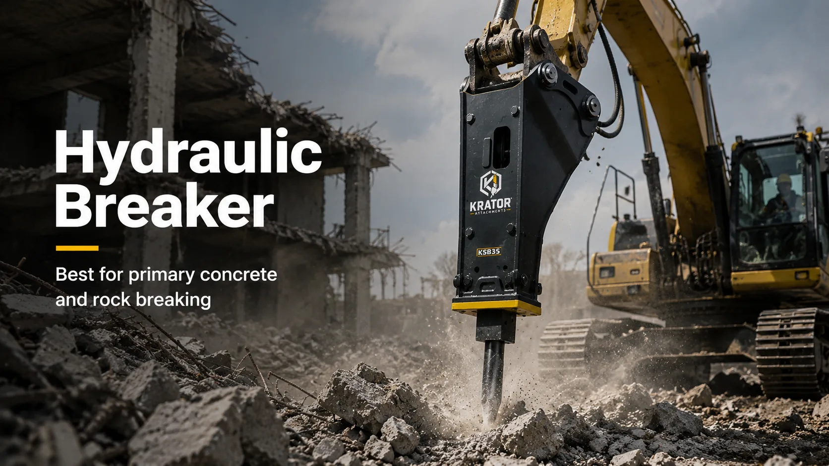 Hydraulic breaker working on concrete demolition project