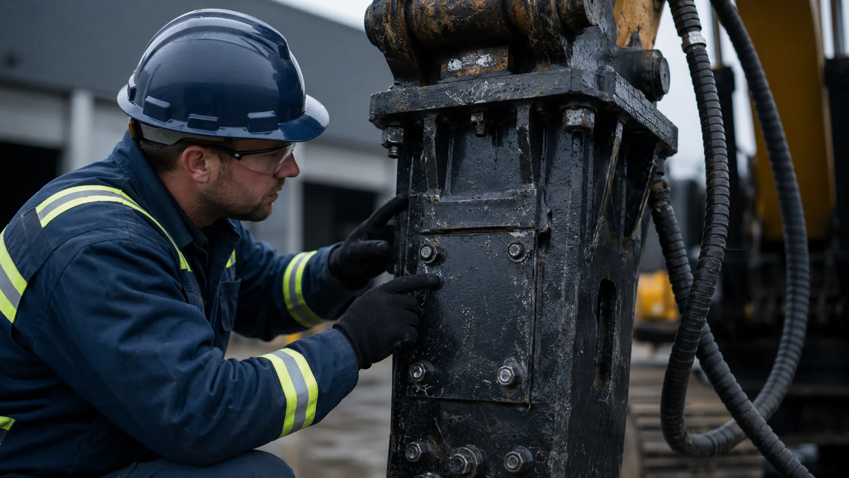 Technician checking hydraulic breaker housing, bolts and external wear points