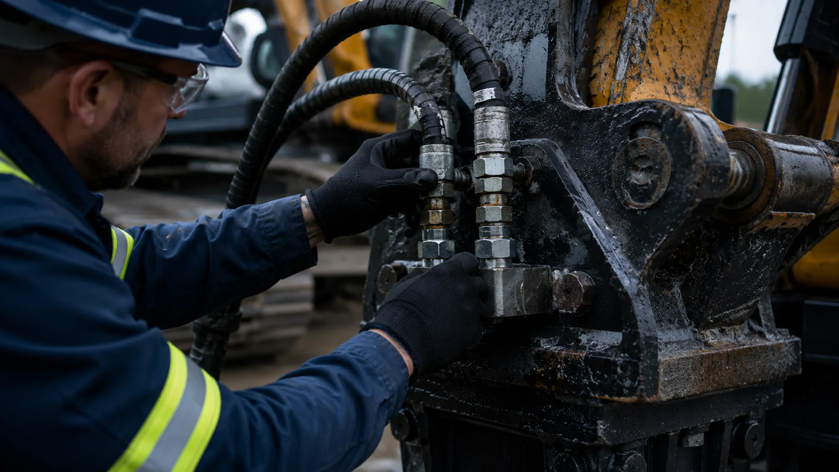 Technician inspecting hydraulic breaker hoses, fittings and connections