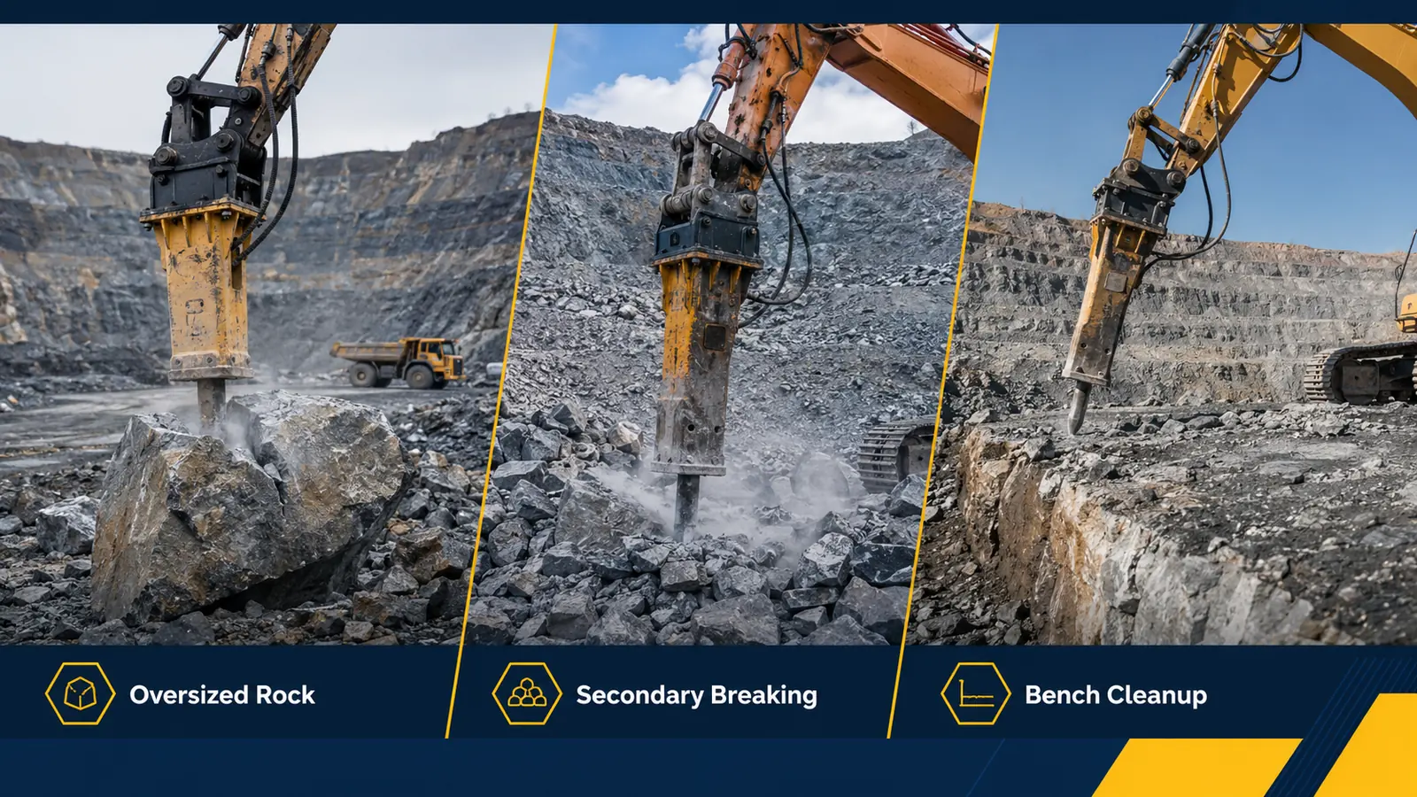 Hydraulic breaker applications for oversized rock, secondary breaking and bench cleanup