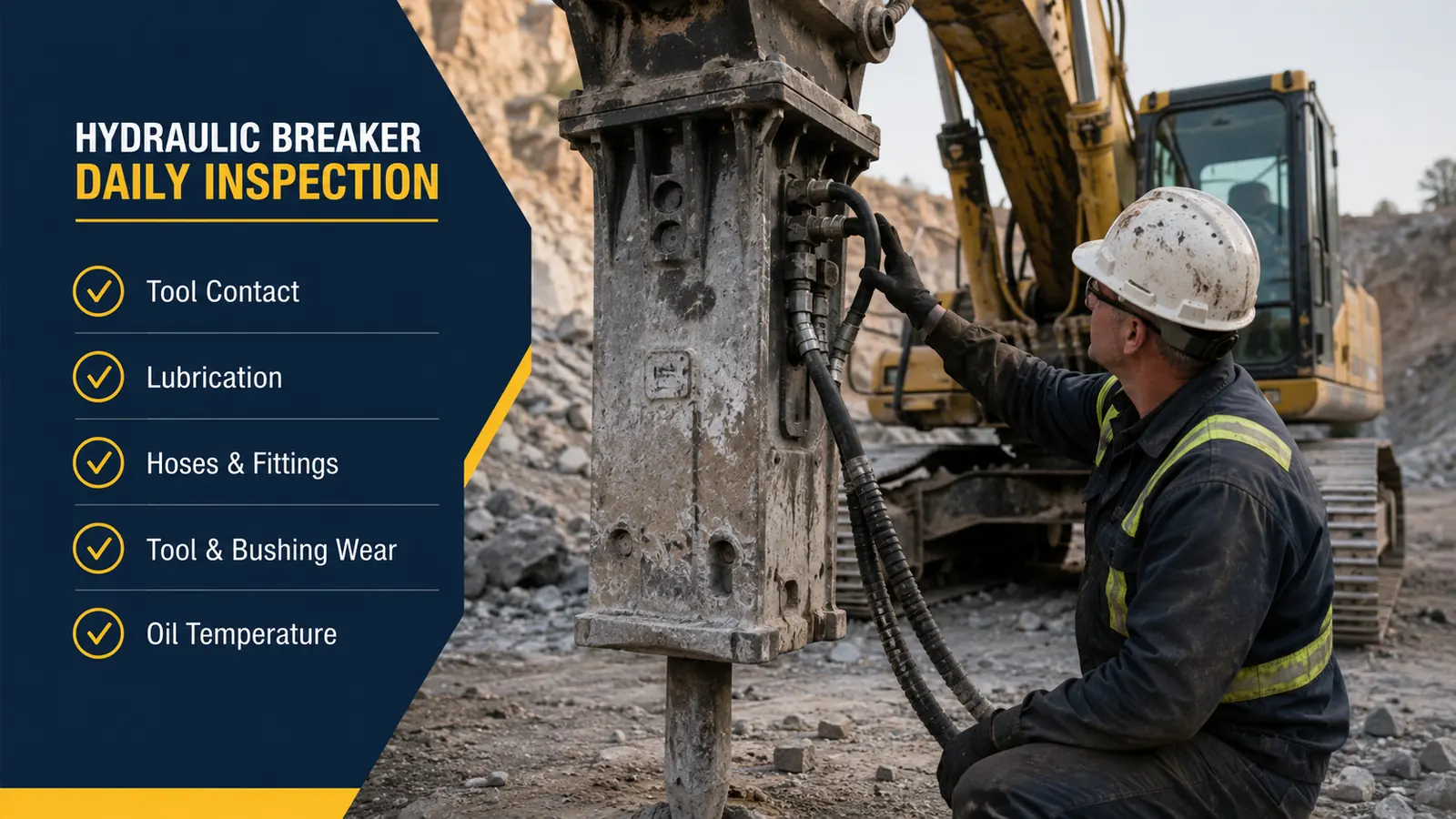 Hydraulic breaker inspection checklist for quarry and mining work