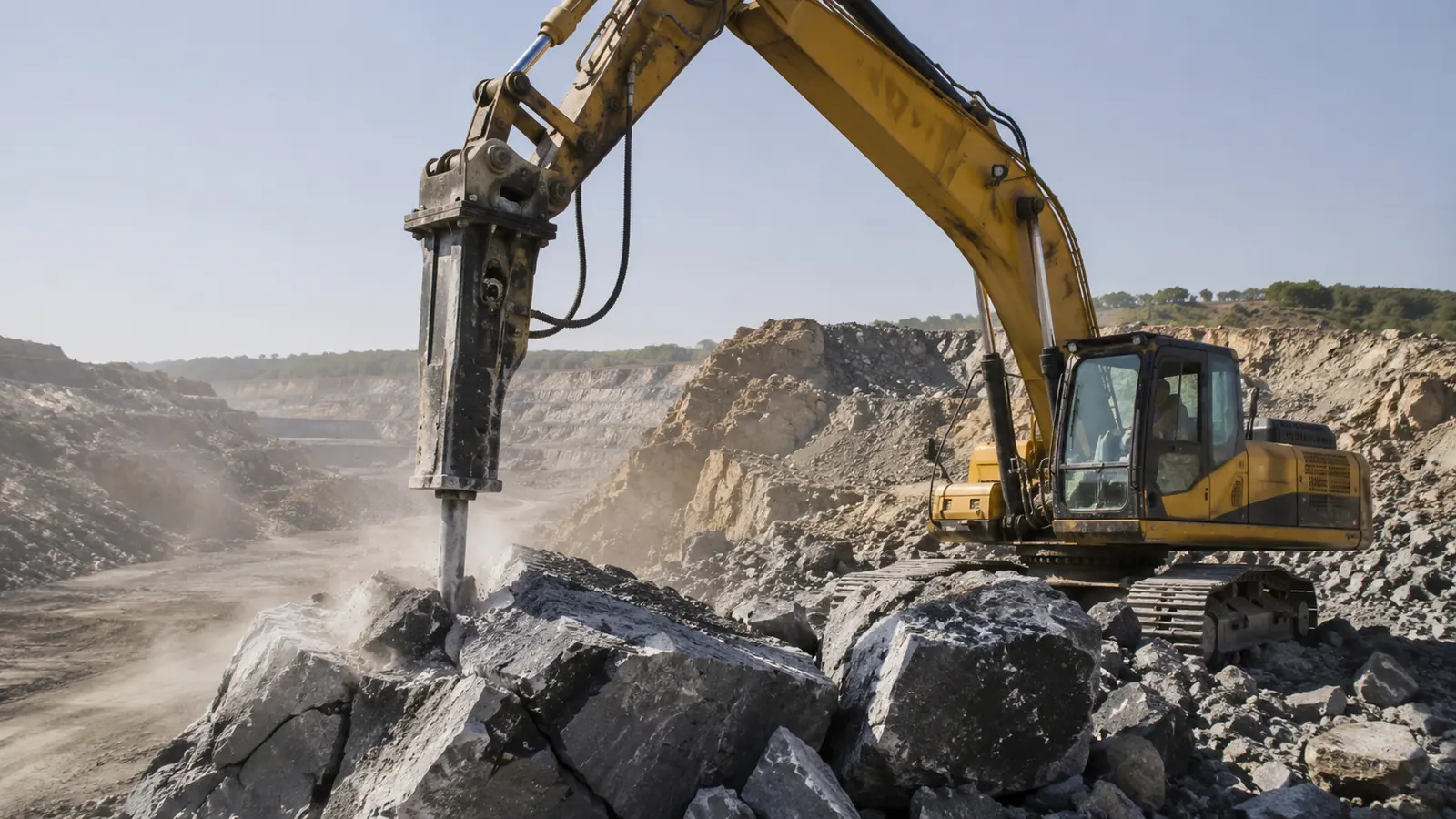 Excavator hydraulic breaker working on oversized rock in a quarry