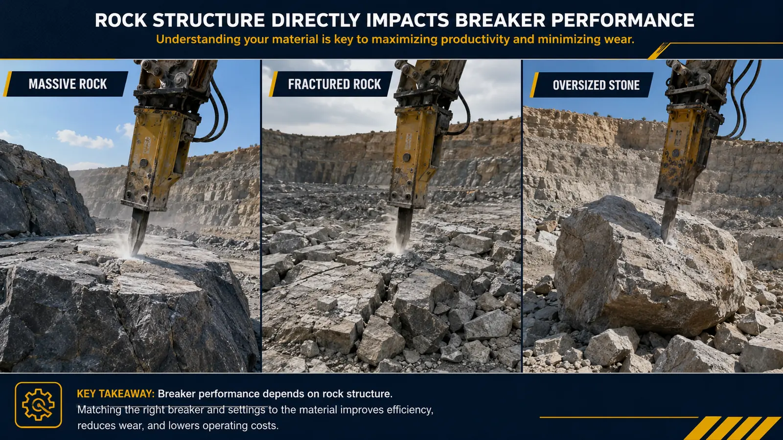 Comparison of massive, fractured and oversized quarry rock conditions