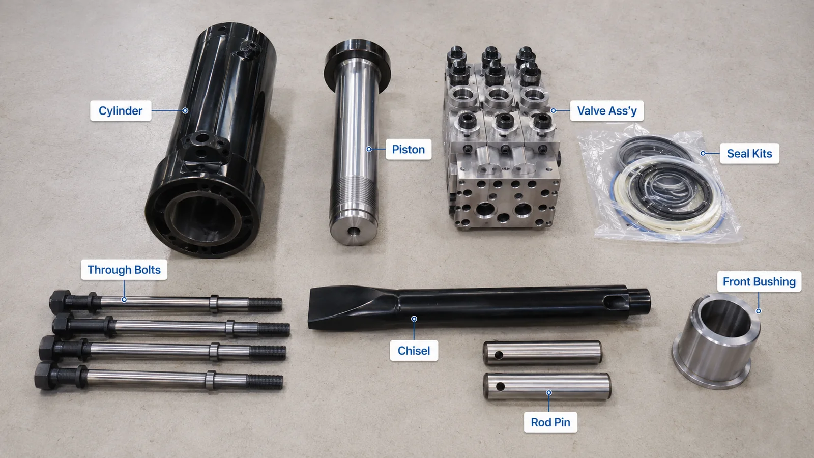 Hydraulic breaker cylinder, piston, valve assembly, seal kits, through bolts, chisel and bushings