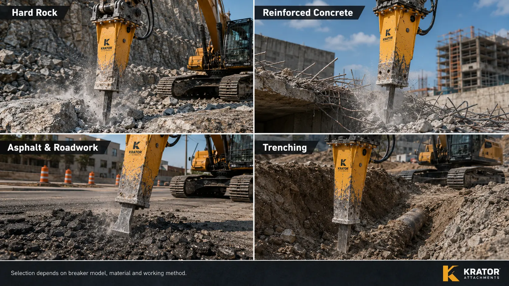 Hydraulic breaker tool selection for rock, reinforced concrete, asphalt and trenching
