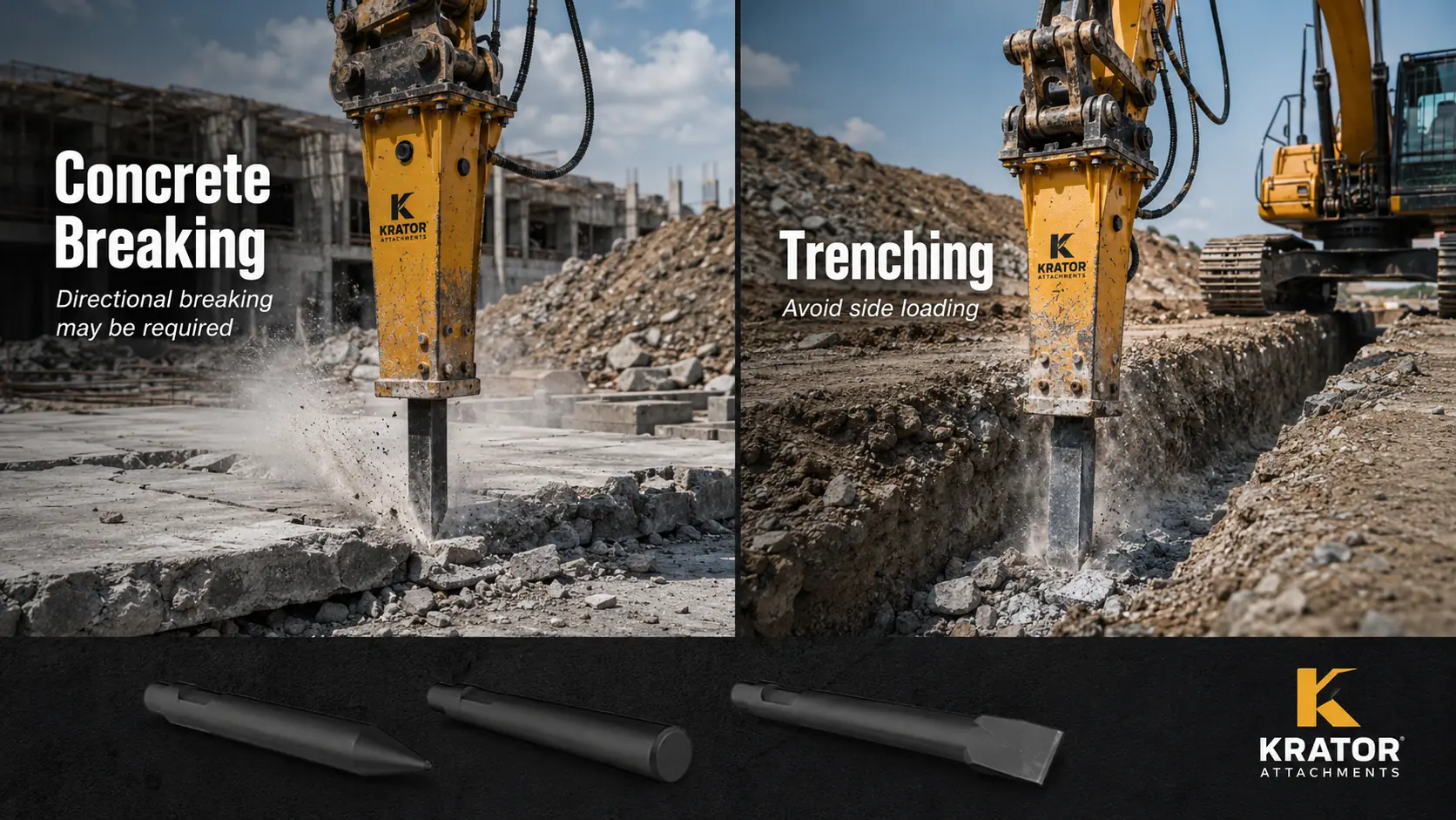 Hydraulic breaker flat chisel and pointed tool considerations for concrete and trenching