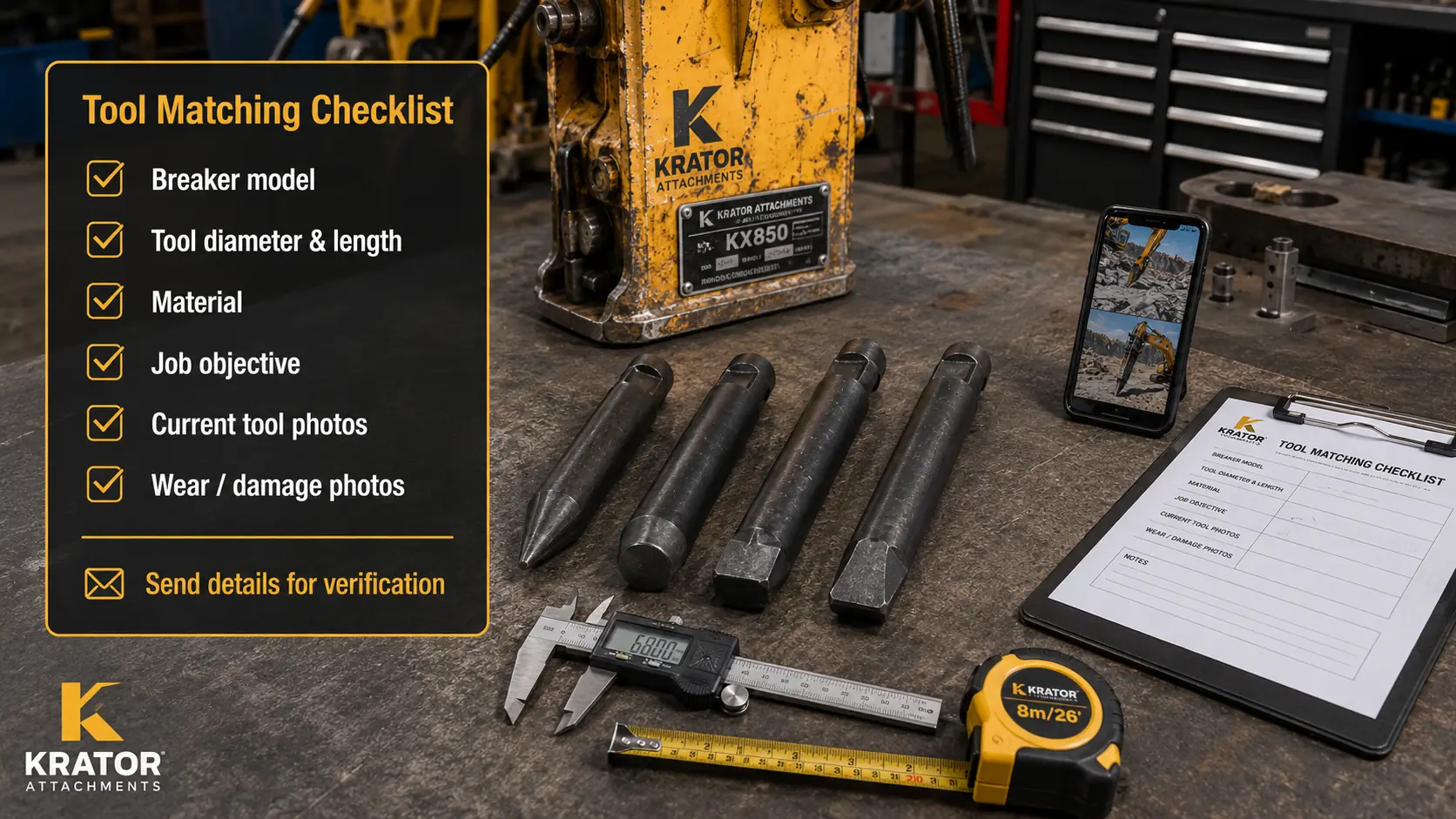 Breaker model, tool dimensions and application information required for working-tool matching