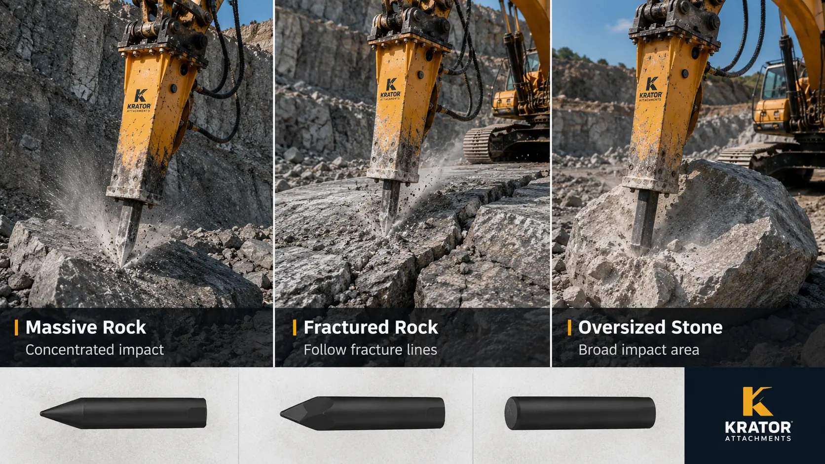 Working-tool selection based on massive, fractured and oversized rock conditions