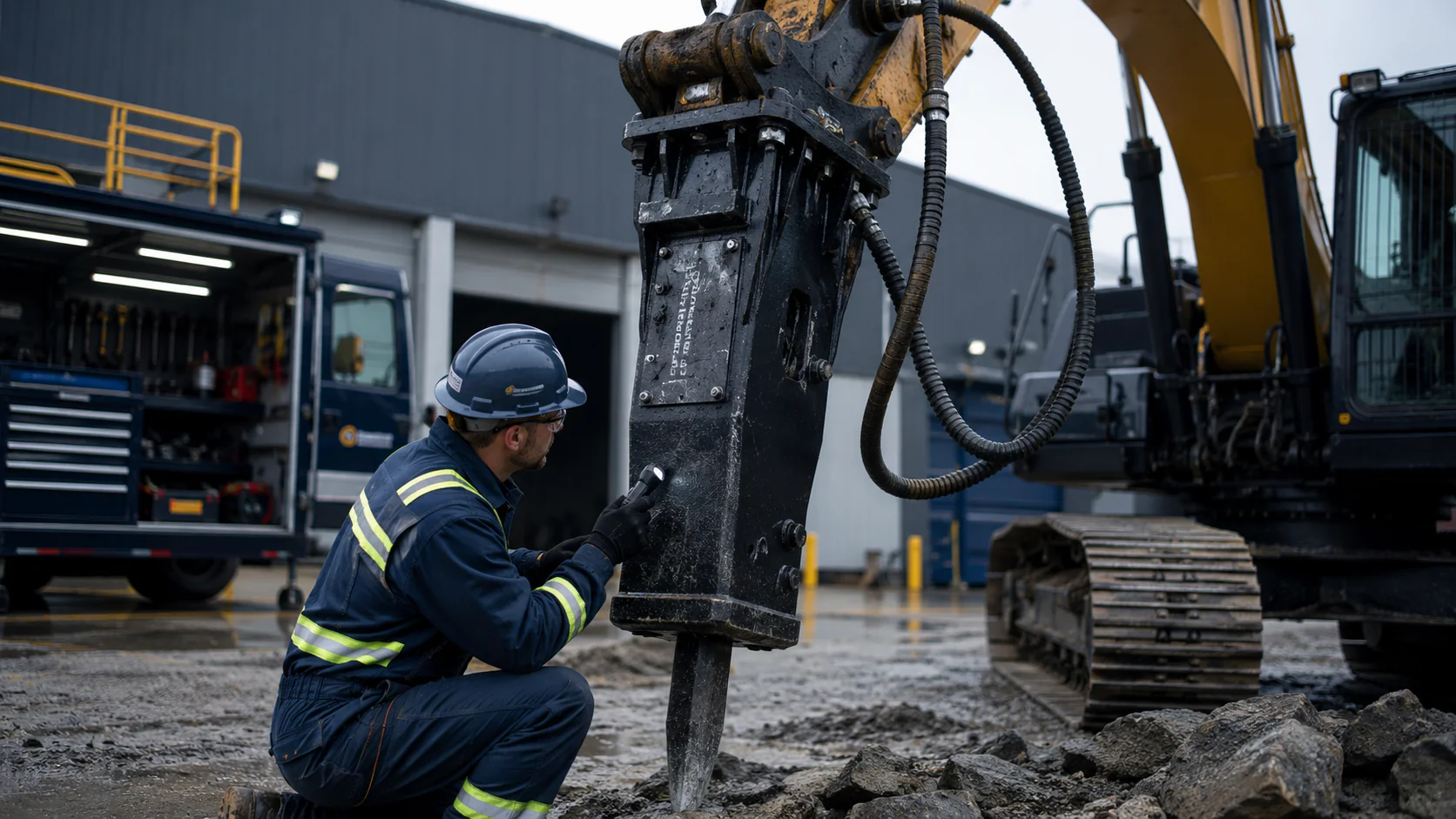 Technician inspecting an excavator hydraulic breaker during troubleshooting