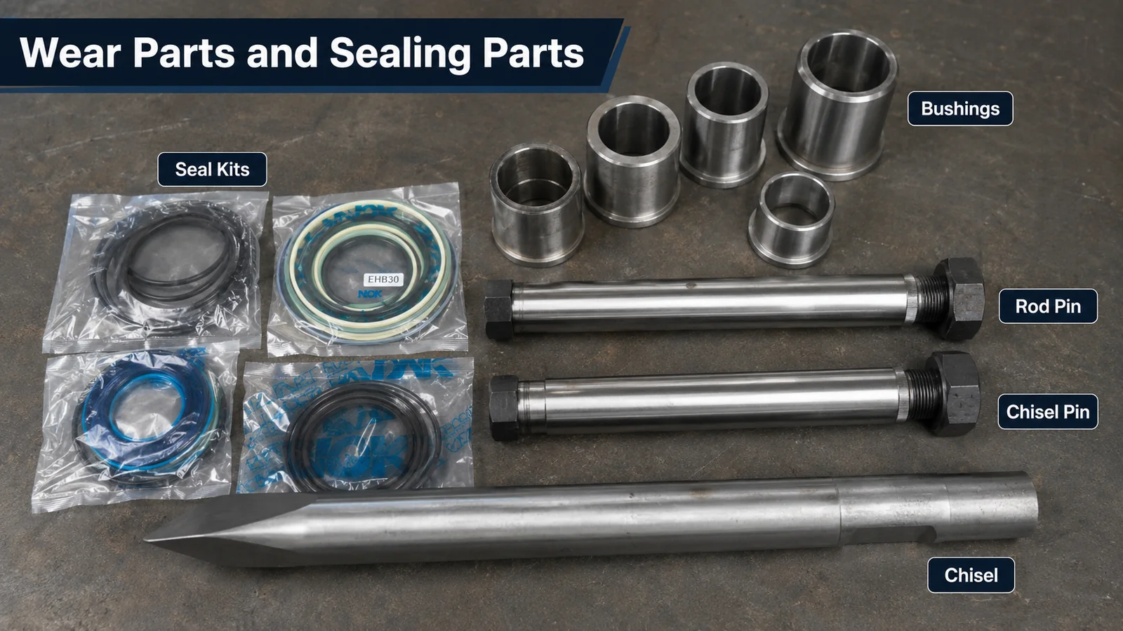 Hydraulic breaker seal kits, bushings, rod pins, chisel pins and working tool