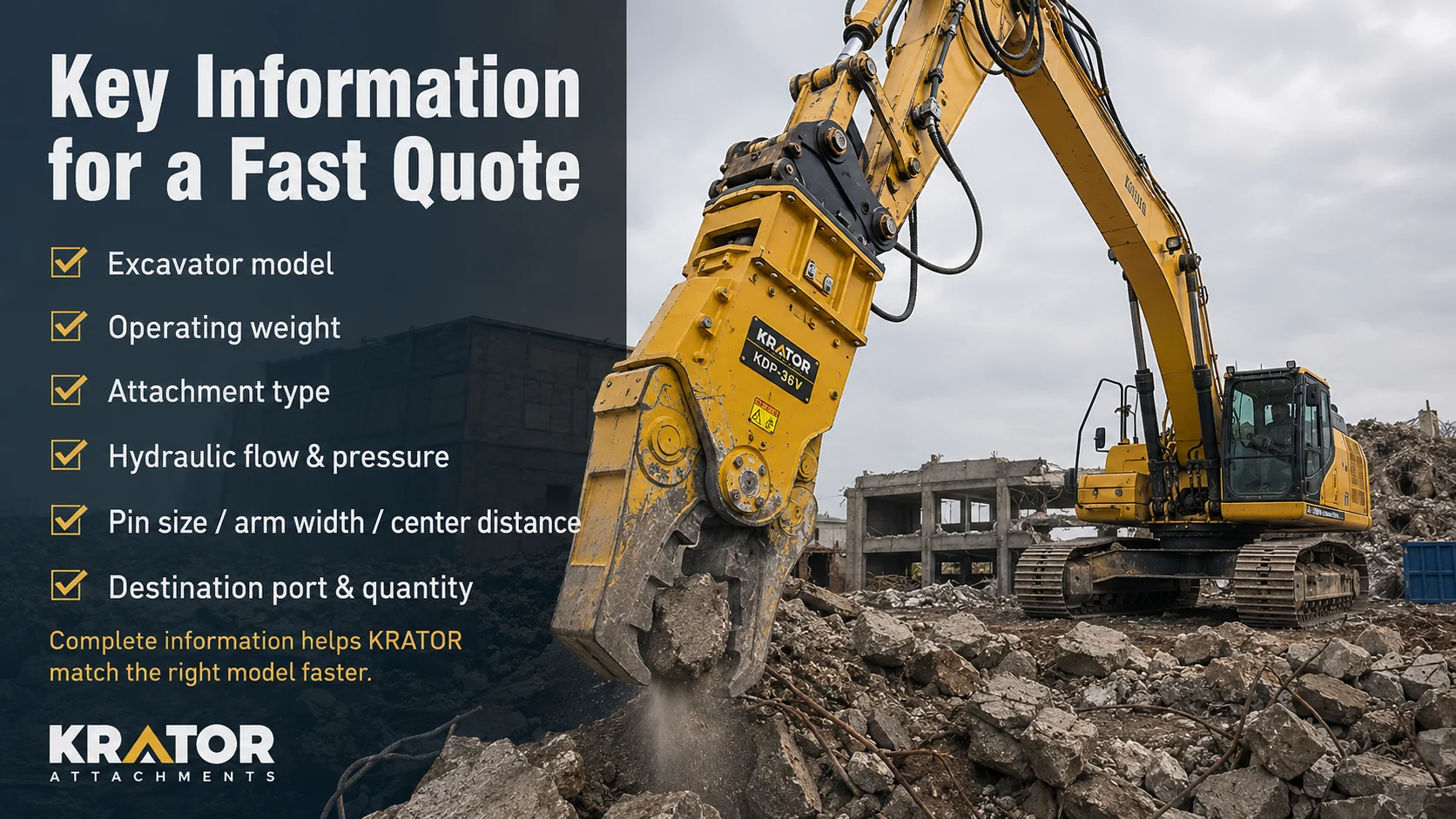 Hydraulic flow and operating pressure information for excavator attachment quotation