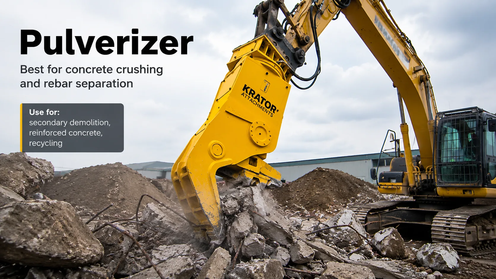 Hydraulic pulverizer crushing reinforced concrete with excavator
