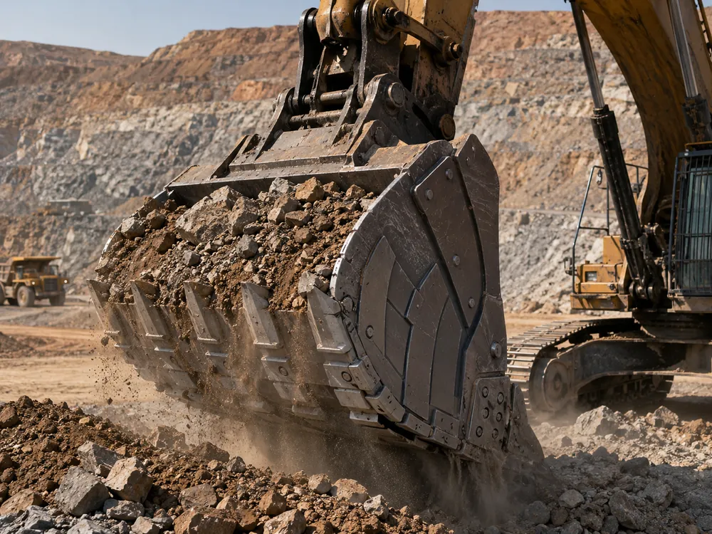 Heavy duty bucket used at mining worksite in Africa