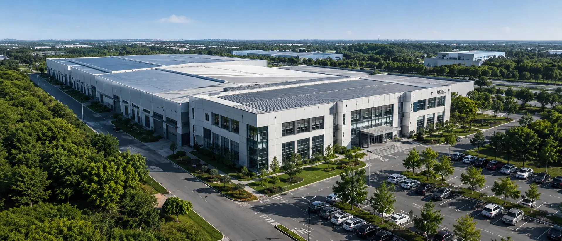 Aerial view of KRATOR excavator attachment manufacturing facility in Yantai
